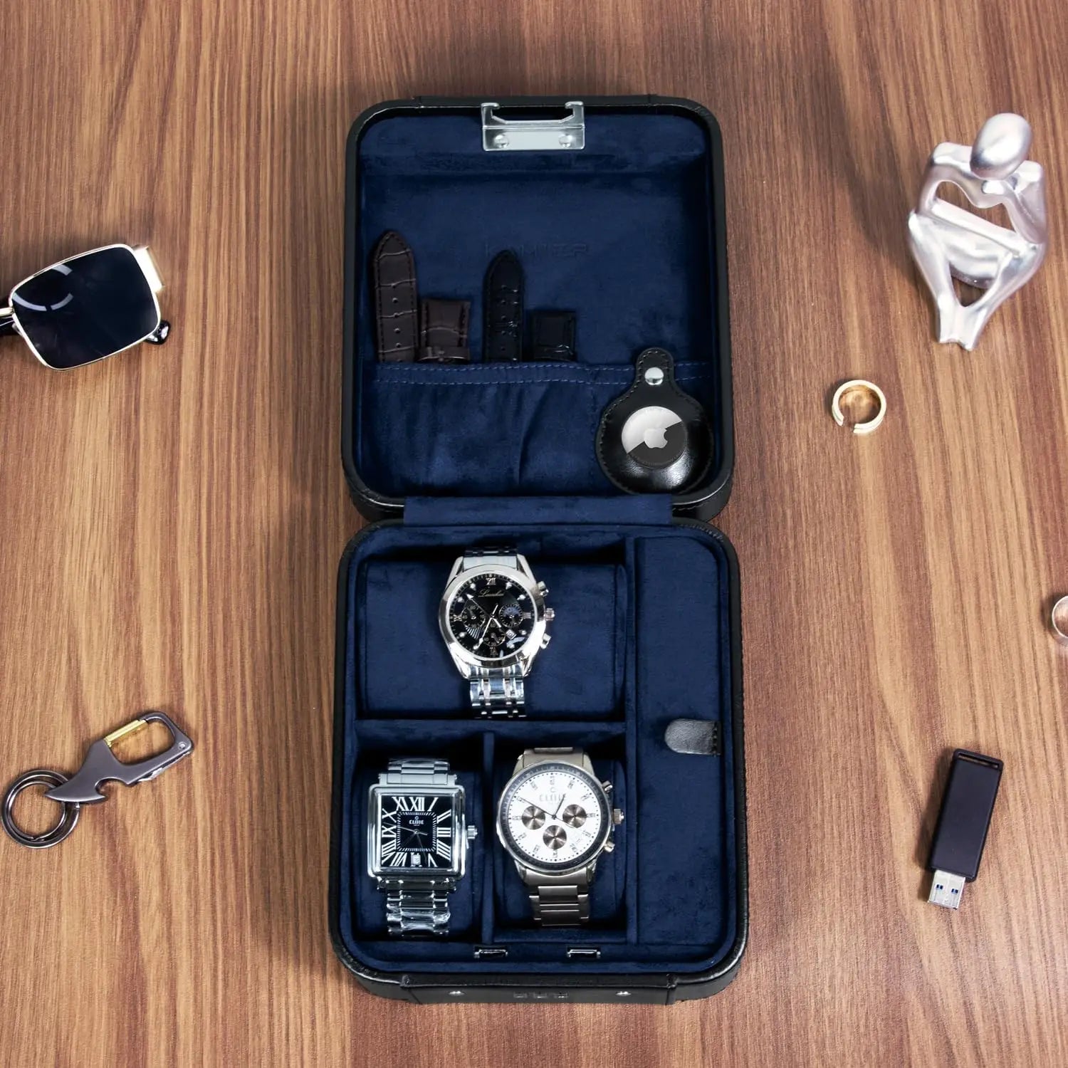 Travel Watch & Jewelry Case with Combination Lock – PU Leather Organizer Open navy blue jewelry box with watches on a wooden surface