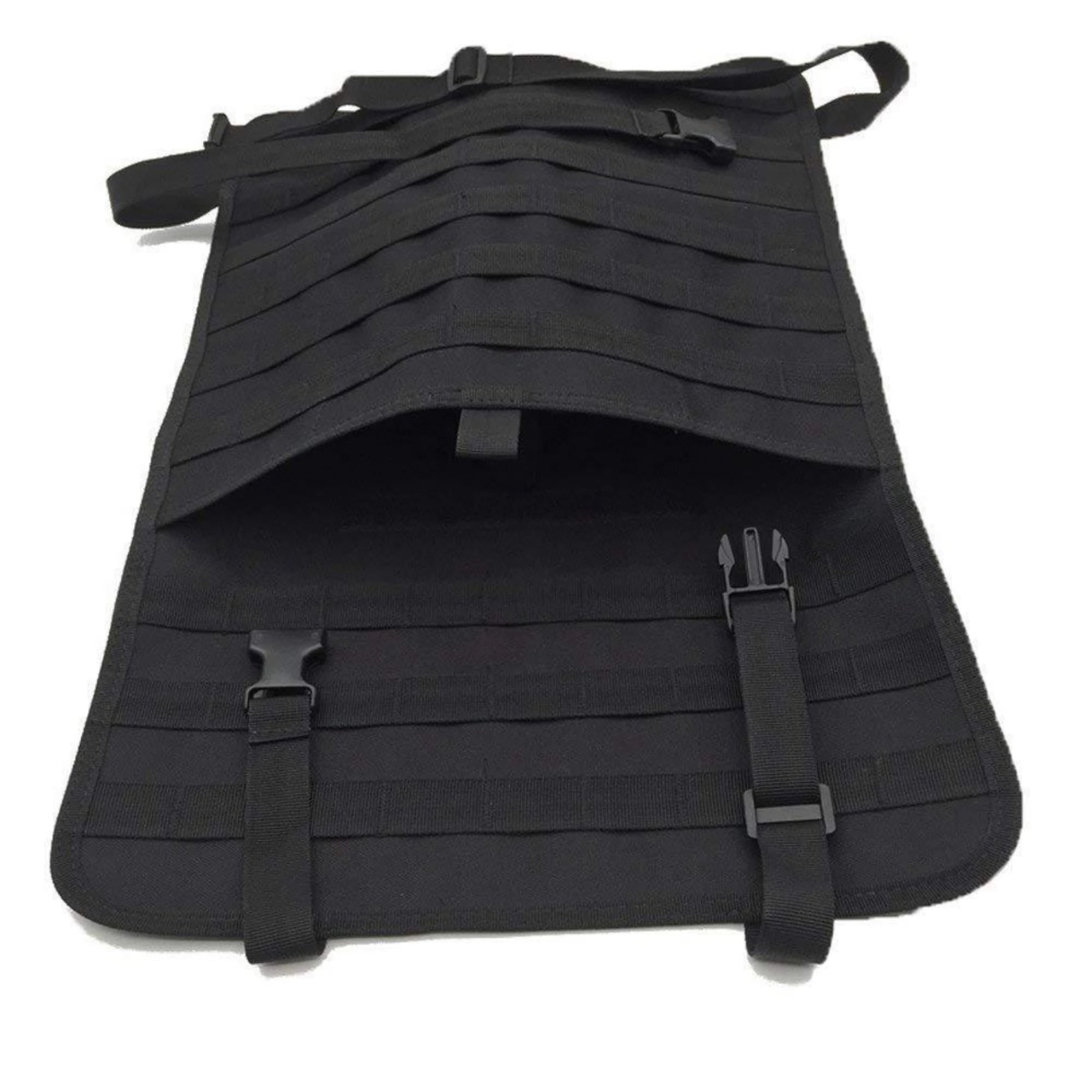 Car Backseat Organizer – Hanging Tactical Storage Bag Black tactical vest with multiple straps on a white background