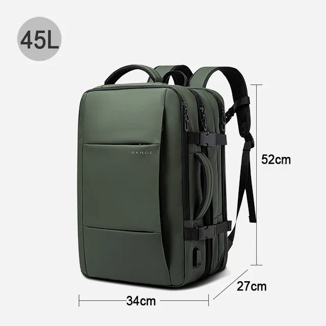 Expandable Laptop Backpack – Waterproof Travel & Hiking Bag Green backpack with dimensions and capacity label on a white background