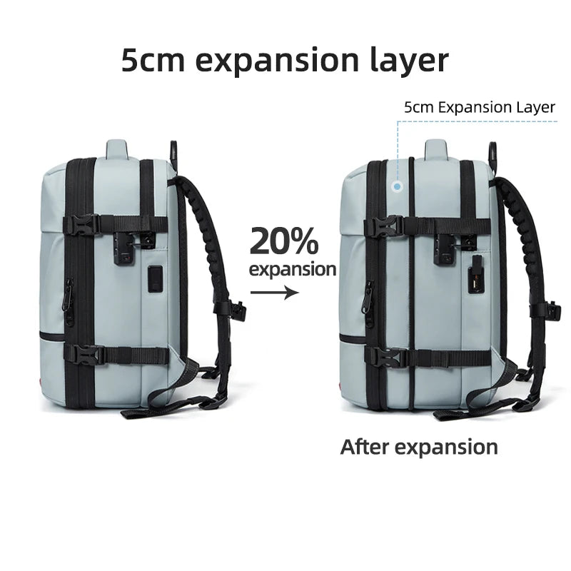 Vacuum Compression Laptop Backpack – USB Charging Travel & Hiking Backpack with 5cm expansion layer showing before and after expansion on a white background