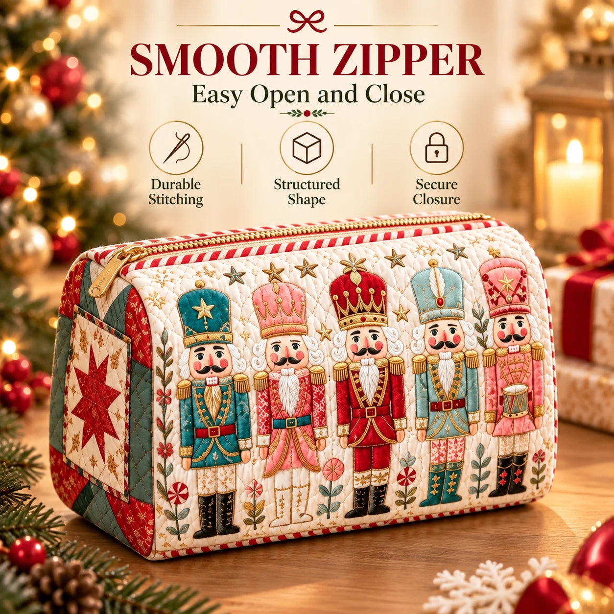 Christmas Quilted Nutcracker Makeup Bag – Travel Cosmetic Pouch A quilted zippered cosmetic pouch decorated with embroidered nutcracker figures and holiday patchwork details, shown on a wooden surface with a blurred Christmas tree and ornaments in the background. Text at the top highlights a smooth zipper and key features.