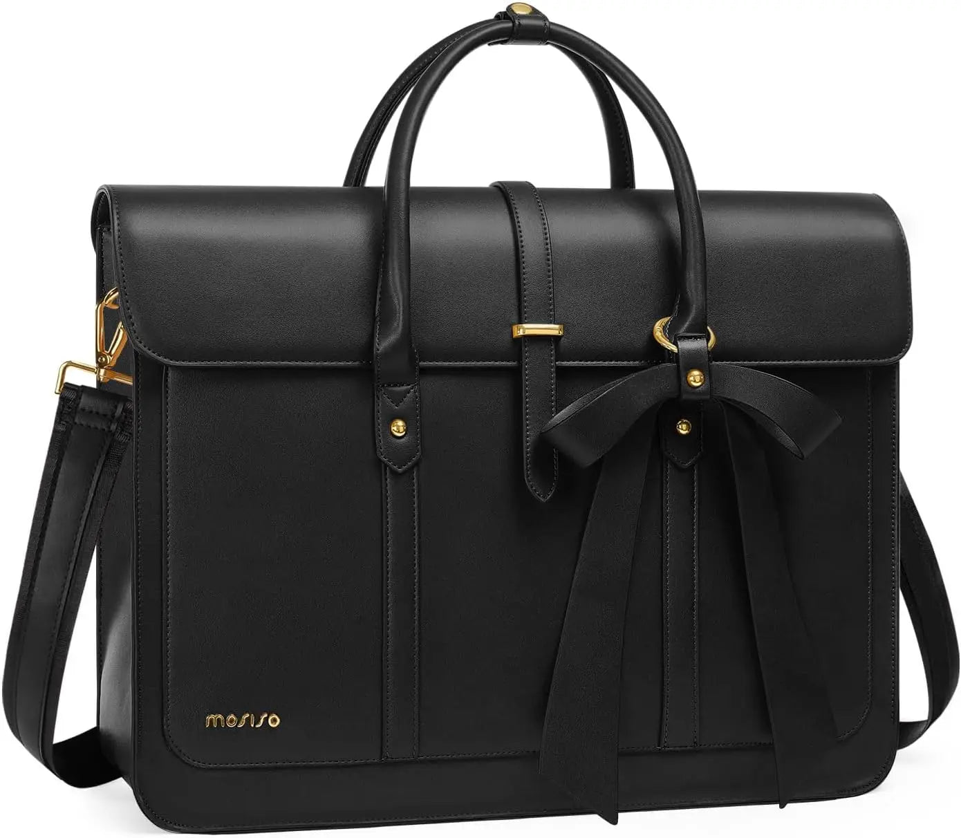 Laptop Bag – Convertible Briefcase, Shoulder & PU Leather Backpack Black leather bag with a bow and gold accents on a white background
