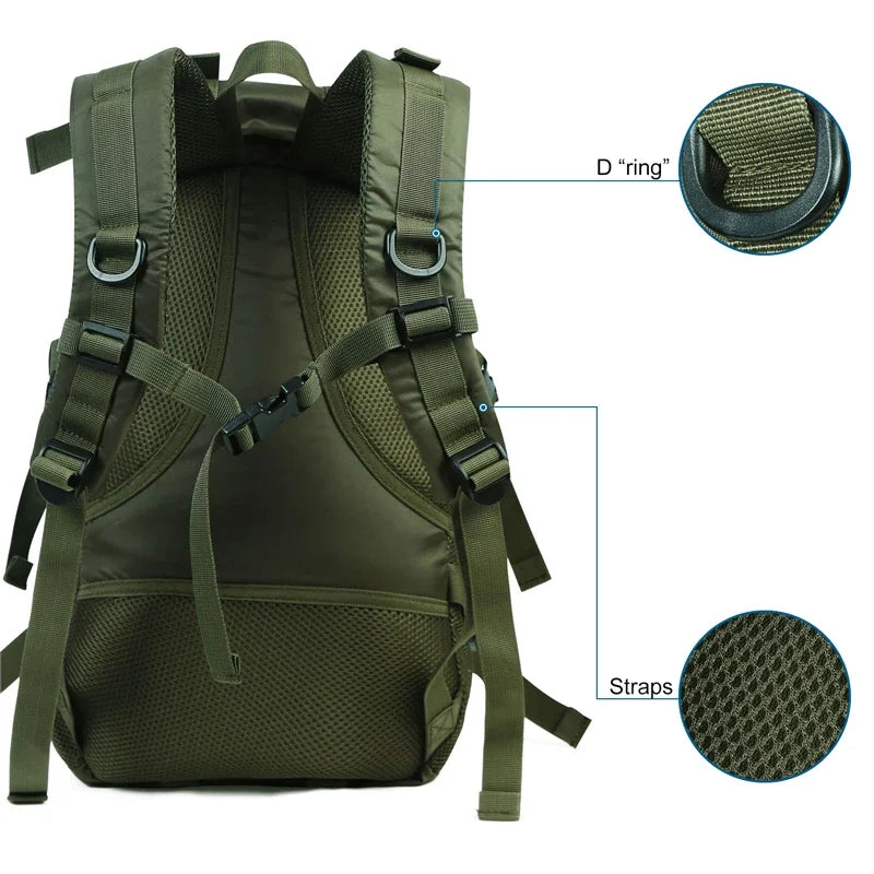 Waterproof Hiking Backpack – Lightweight Trekking & Camping Daypack Green tactical backpack with close-up details on a white background