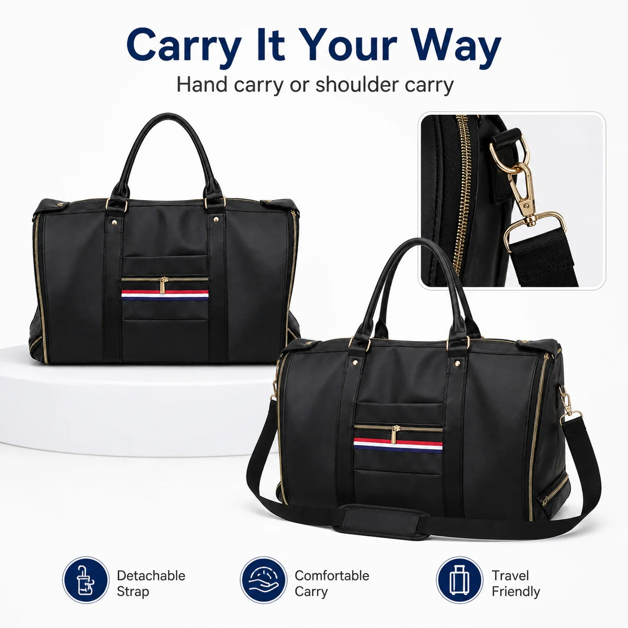 Premium Garment Duffel Bag with Shoe Compartment Black duffel bag with gold-tone hardware and a red, white, and blue stripe detail on the front pocket, shown in two views with text reading 'Carry It Your Way' and feature icons for detachable strap, comfortable carry, and travel friendly.