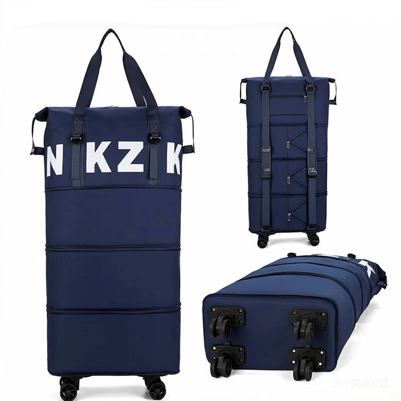 Large Capacity Foldable Travel Bag with Wheels Deep blue expandable three-layer rolling luggage shown from three angles on a white background, with text at the top reading 'Deep Blue Expansion Three-layer removable double shoulder strap wheels.' The main view shows the front with large white letters 'NKZK' across the upper section, and the side/back views show wheels, handles, compression straps, and expandable compartments.