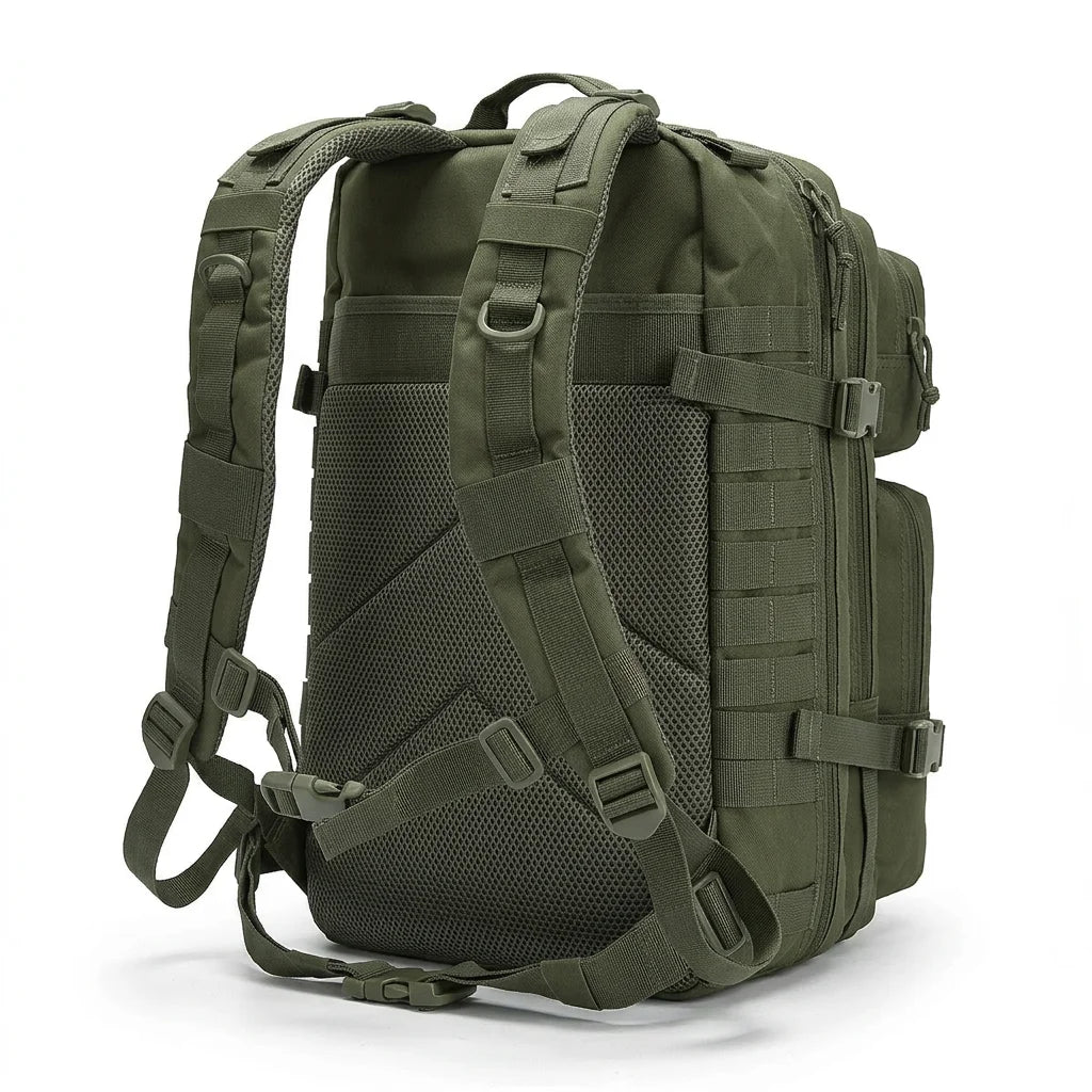 Tactical Backpack – Large Capacity Molle Hiking & Travel Bag An olive green tactical backpack shown from a three-quarters rear view, featuring a breathable mesh back panel, adjustable shoulder straps, and MOLLE webbing on the side, set against a plain white background.