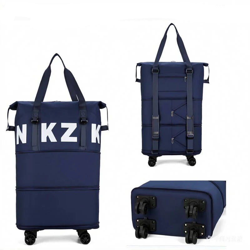 Large Capacity Foldable Travel Bag with Wheels A navy blue expandable rolling suitcase/tote shown from three angles on a white background, with the text 'Deep Blue Expansion Two Layers Removable Shoulder Strap Wheels' at the top. The front view shows large white letters 'NKZ' on the side, and the bottom-right view shows the wheels and side hardware.