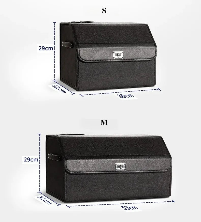 Leather Car Trunk Organizer – Large Capacity Foldable Storage Box Two black storage boxes shown with dimension labels S and M, each marked with width, height, and depth measurements on a light gray background.