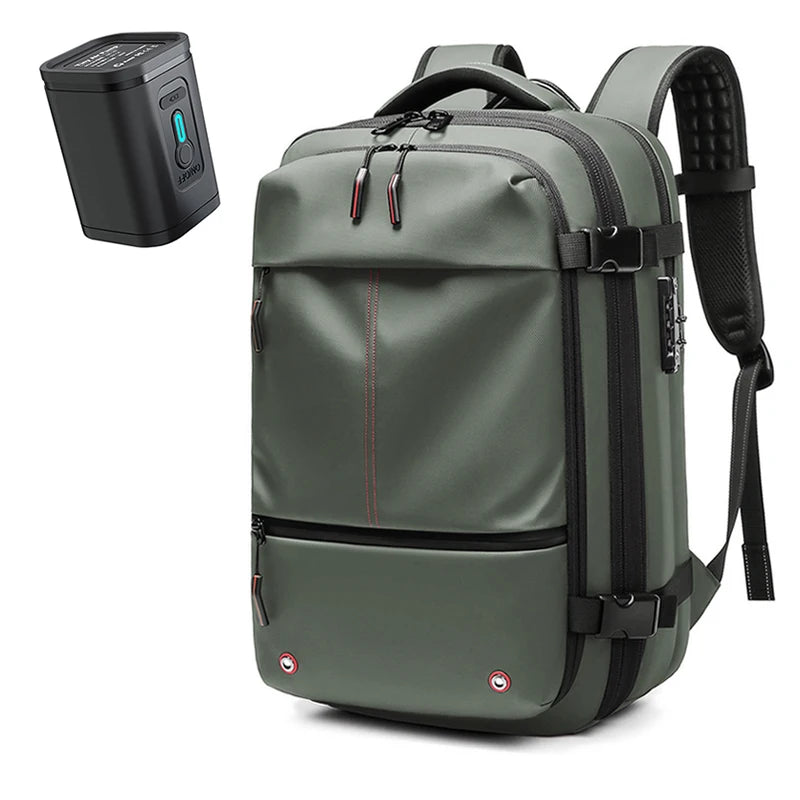 Vacuum Compression Backpack – Large Capacity Travel & Business Bag Green backpack with a power bank on a white background