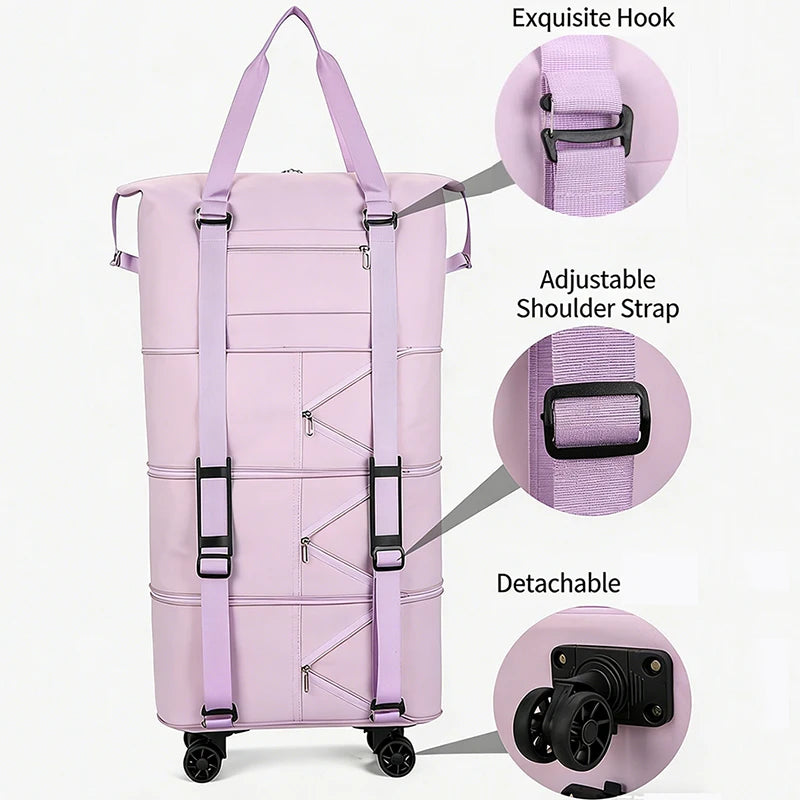 Large Capacity Foldable Travel Bag with Wheels A light purple/lavender rolling suitcase with three handles, shown on a white background with three circular callout insets highlighting features: an exquisite hook, an adjustable shoulder strap, and a detachable wheel mount.