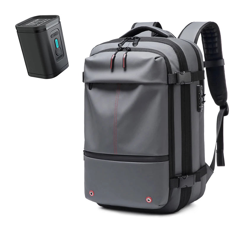 Vacuum Compression Backpack – Large Capacity Travel & Business Bag Gray backpack with black power bank on a white background