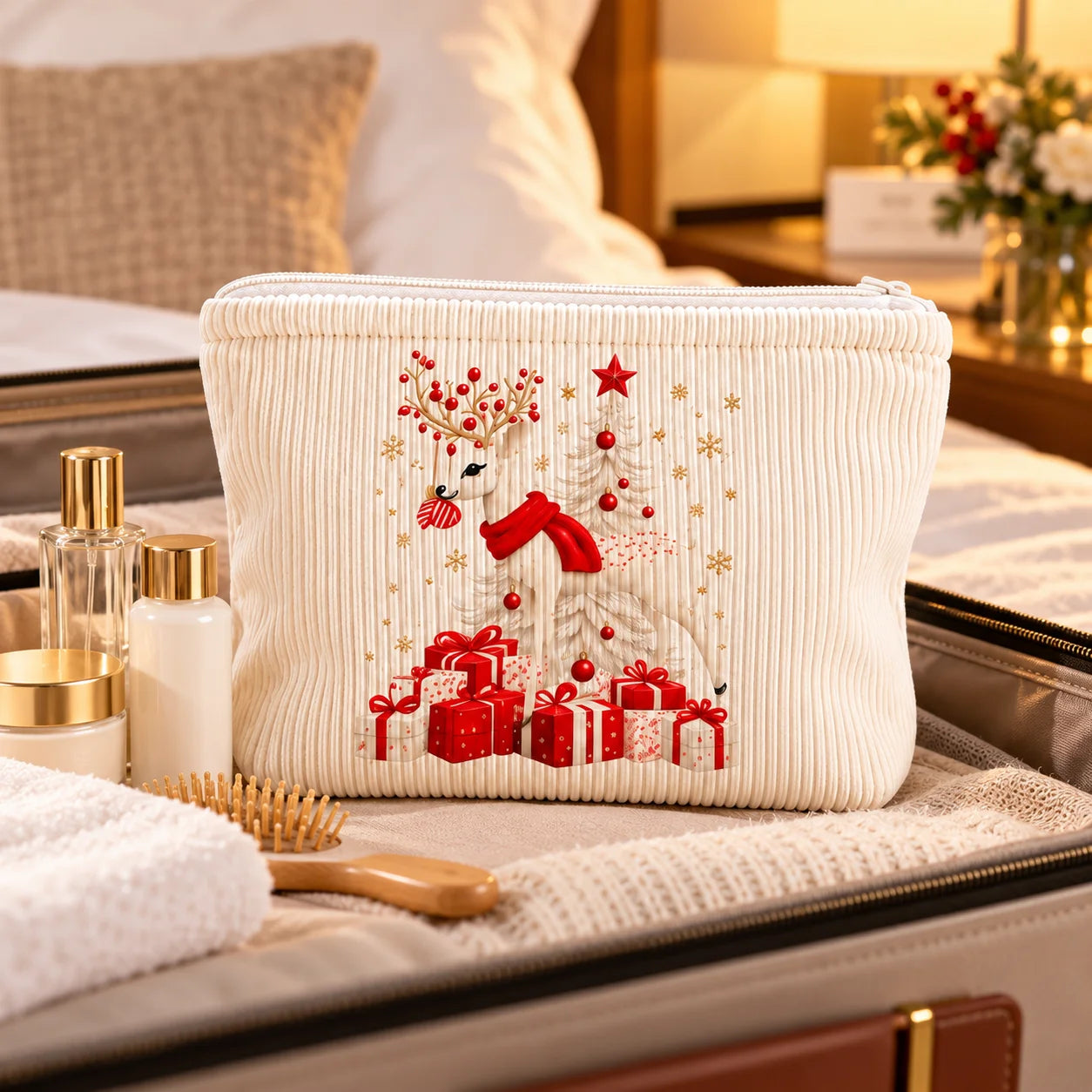 Christmas Corduroy Cosmetic Bag – Santa & Reindeer Travel Pouch An off-white ribbed corduroy cosmetic pouch with a red Christmas tree and gift box embroidery, resting on an open suitcase next to toiletries in a bedroom setting.
