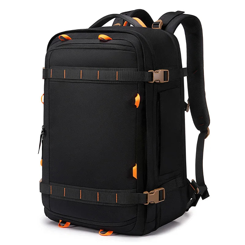 Expandable Travel Backpack – Large Capacity Laptop & Carry-On Bag A black multi-compartment backpack with orange accents and brown buckle details, shown from a three-quarter angle on a white background.