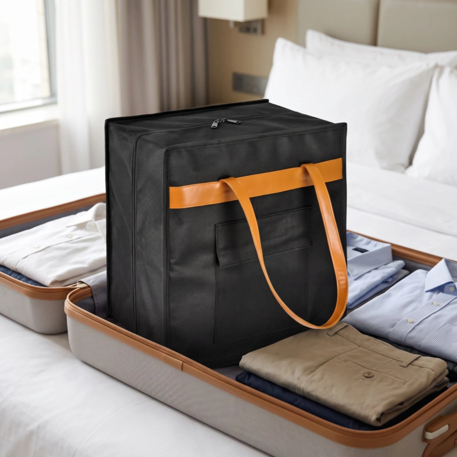 6-Pair Travel Shoe Bag – Large Capacity Oxford Cloth Organizer A black fabric garment bag with tan handles sits inside an open suitcase on a bed, surrounded by folded clothes in a hotel room.