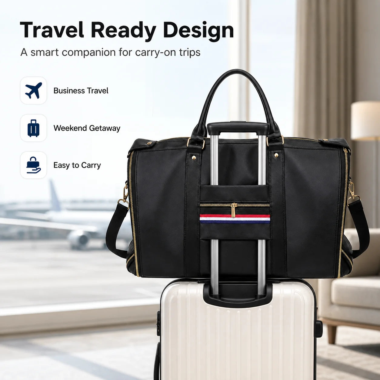 Premium Garment Duffel Bag with Shoe Compartment A black duffel bag with gold-tone hardware and a small red, white, and blue stripe detail on the front, shown resting on top of a white rolling suitcase in a bright airport lounge setting. Text on the left reads 'Travel Ready Design' with icons for business travel, weekend getaway, and easy to carry.