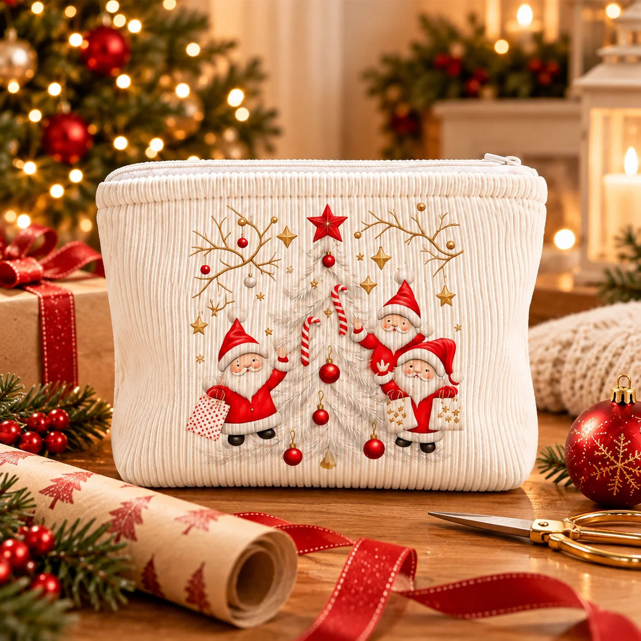 Christmas Corduroy Cosmetic Bag – Santa & Reindeer Travel Pouch A white ribbed fabric zippered pouch decorated with embroidered Christmas Santa Claus figures, red ornaments, gold stars, and candy canes, displayed on a wooden table with a festive Christmas background.