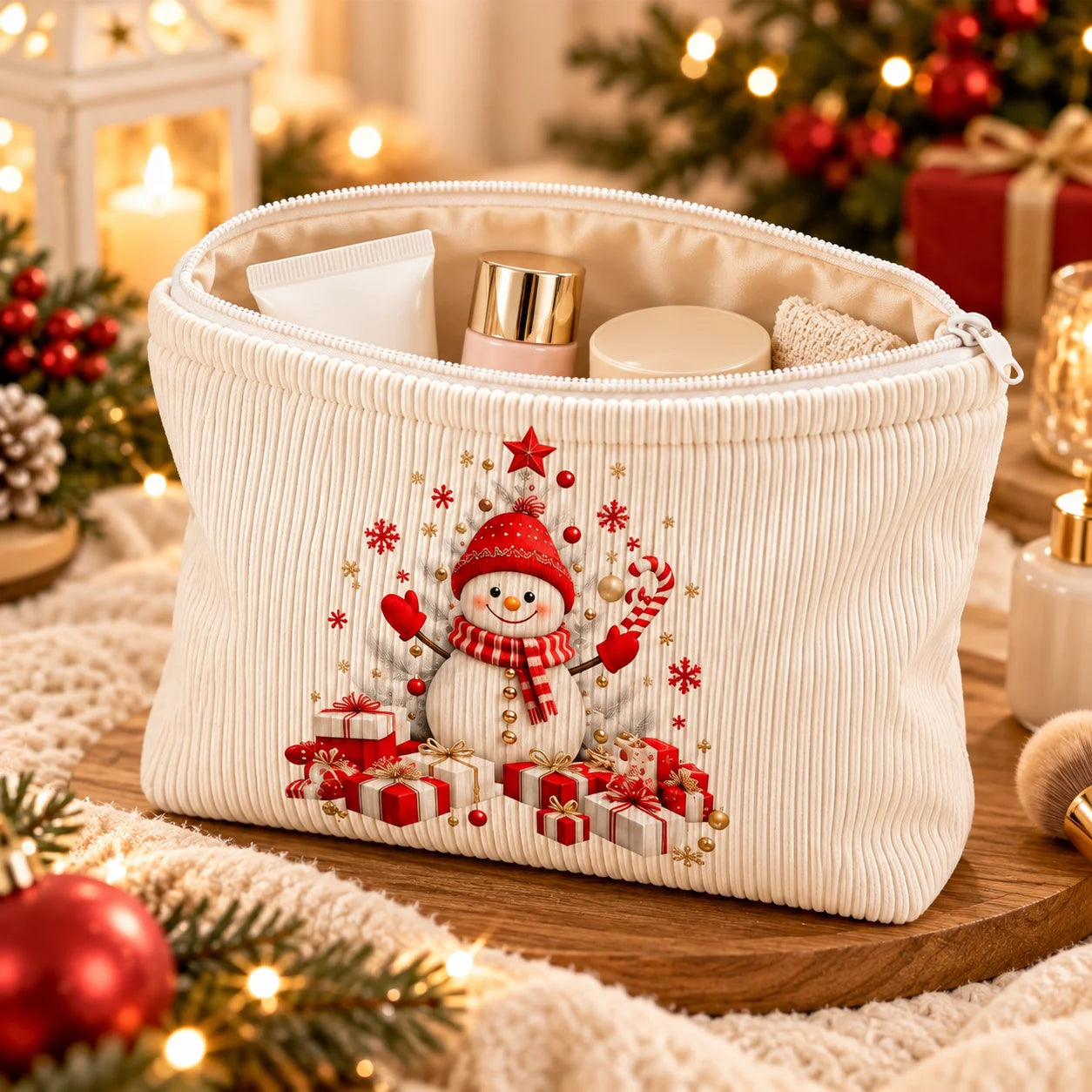Christmas Corduroy Cosmetic Bag – Santa & Reindeer Travel Pouch A cream-colored corduroy cosmetic pouch with a festive embroidered snowman design, shown open on a wooden tray with skincare items inside, surrounded by holiday decorations like candles, ornaments, and wrapped gifts.