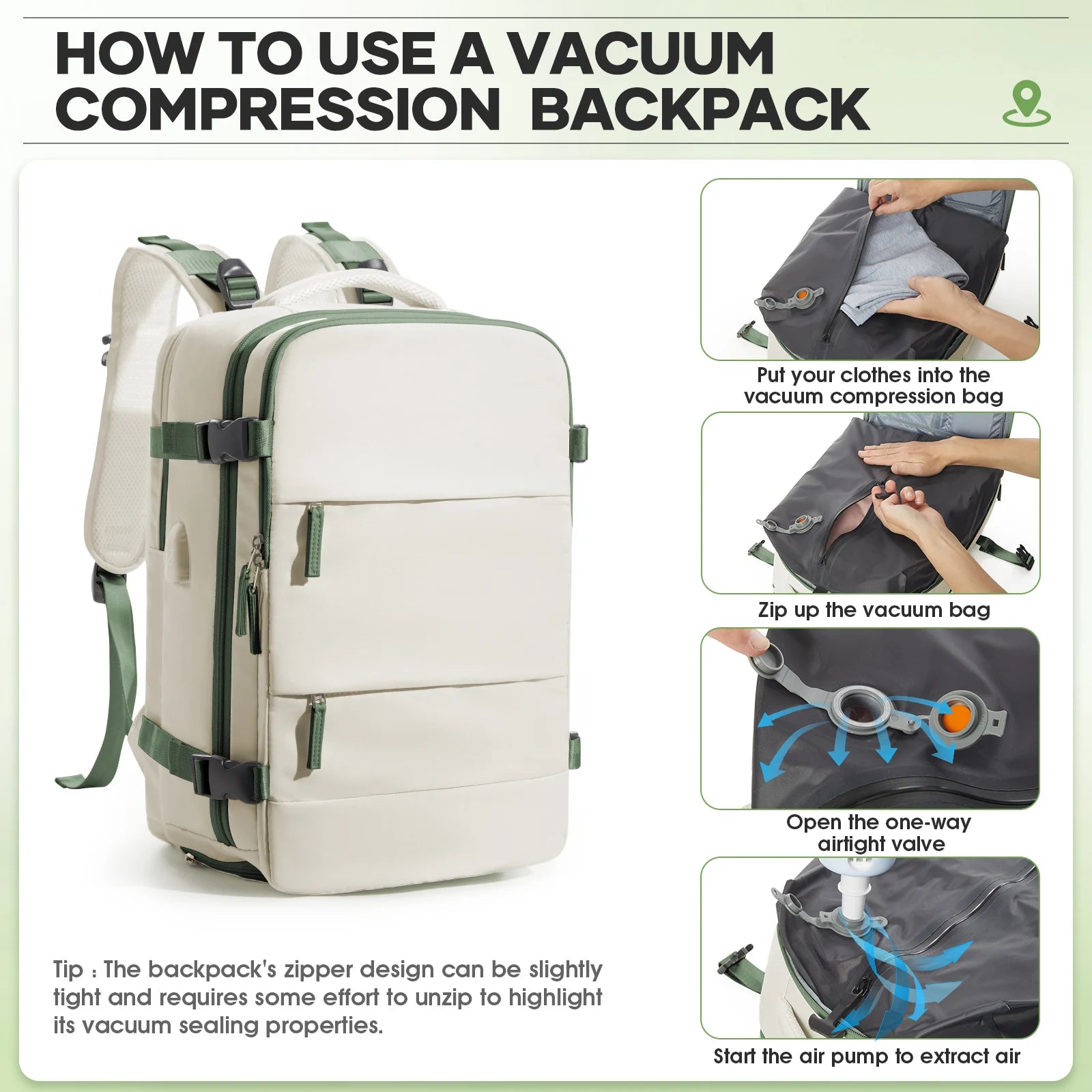 Vacuum Compression Travel Backpack – Waterproof Business Bag Vacuum compression backpack with step-by-step instructions on how to use it.