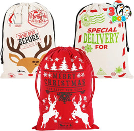 Three Christmas-themed drawstring Santa bags shown on a white background: one cream bag with a reindeer face and holiday text, one red bag with white reindeer silhouettes and 'Merry Christmas' text, and one cream bag with 'Special Delivery For' graphics. A '3 pack' badge appears in the top right.