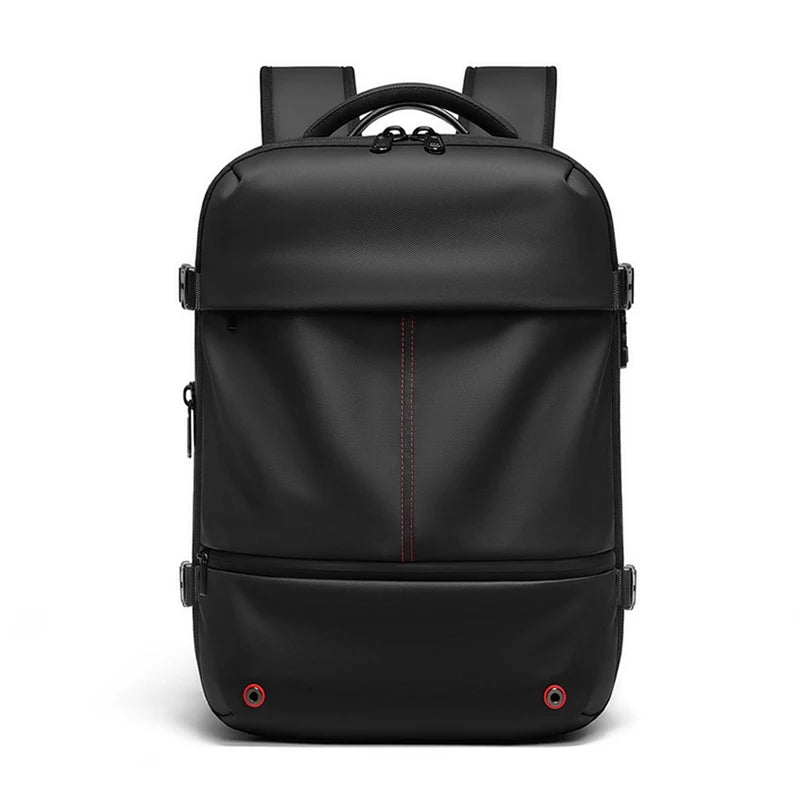 Vacuum Compression Laptop Backpack – USB Charging Travel & Hiking Black backpack with red accents on a white background