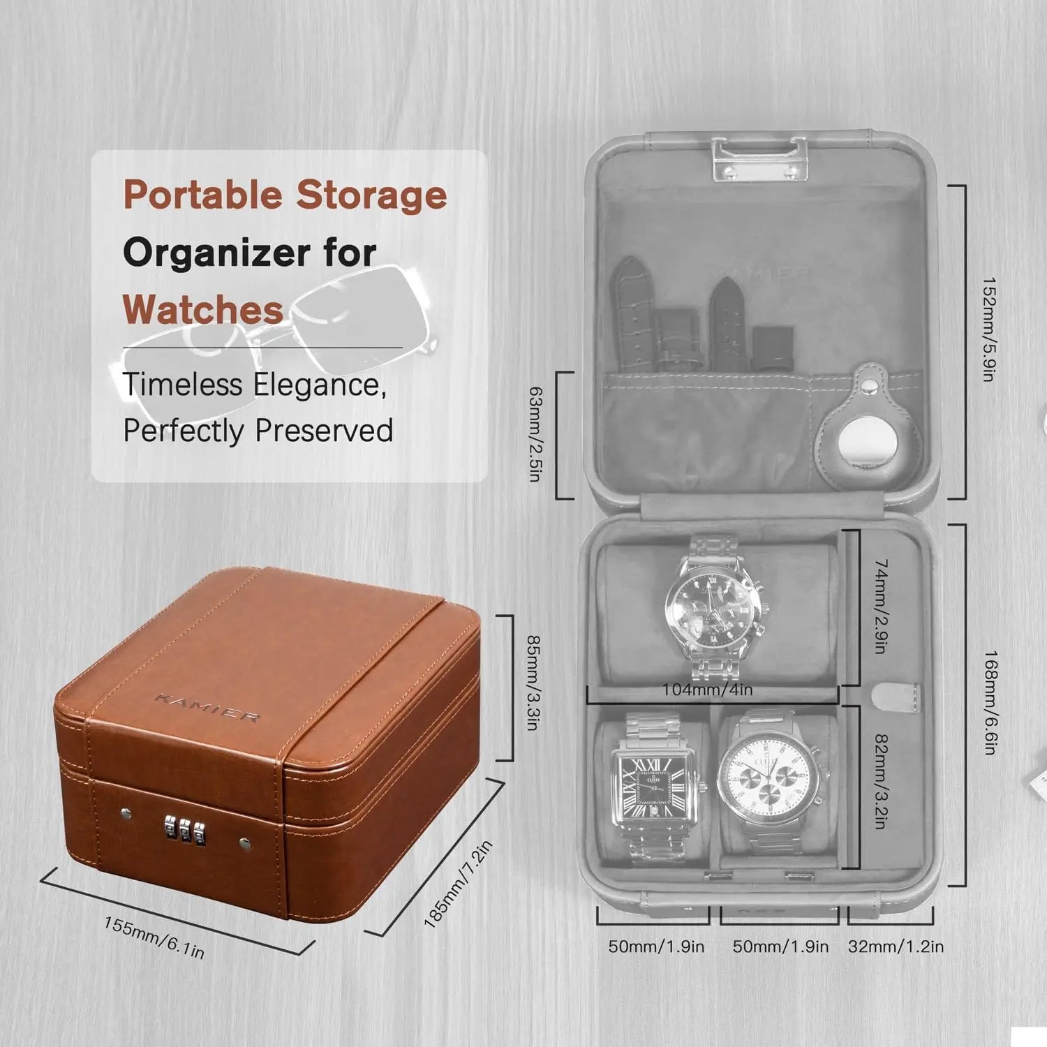 Travel Watch & Jewelry Case with Combination Lock – PU Leather Organizer Brown portable storage organizer for watches with dimensions on a gray background