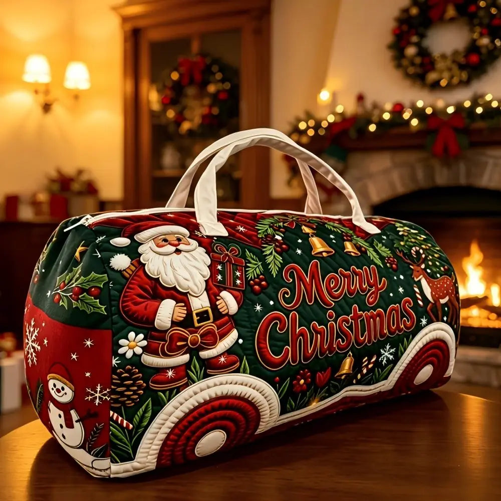 Christmas Bus Novelty Tote Bag – Snowflake Print Travel Handbag A festive Christmas-themed duffel bag with white handles, featuring a detailed holiday print of Santa Claus, 'Merry Christmas' text, snowman, and pinecones, set against a warm, blurred Christmas fireplace background.