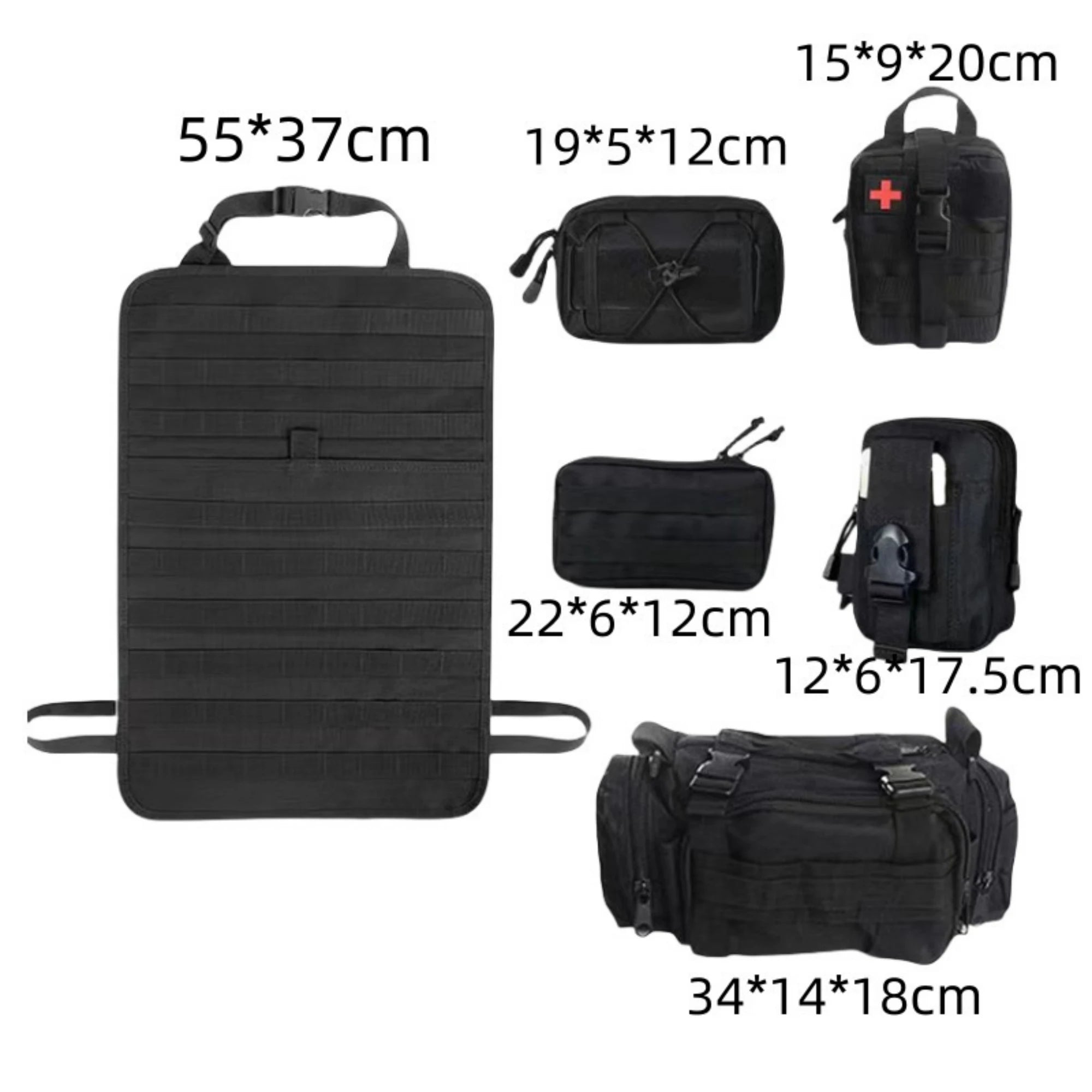 Car Backseat Organizer – Hanging Tactical Storage Bag Set of black tactical bags with measurements displayed
