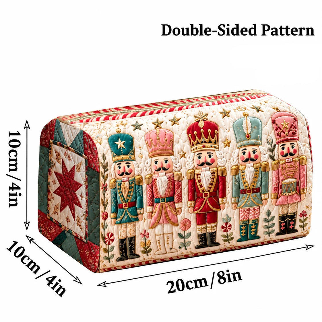 Christmas Quilted Nutcracker Makeup Bag – Travel Cosmetic Pouch A quilted double-sided storage box with a nutcracker pattern, showing its dimensions of 20cm by 10cm by 10cm. The box features five colorful nutcracker figures on a cream quilted background with red and green accents.