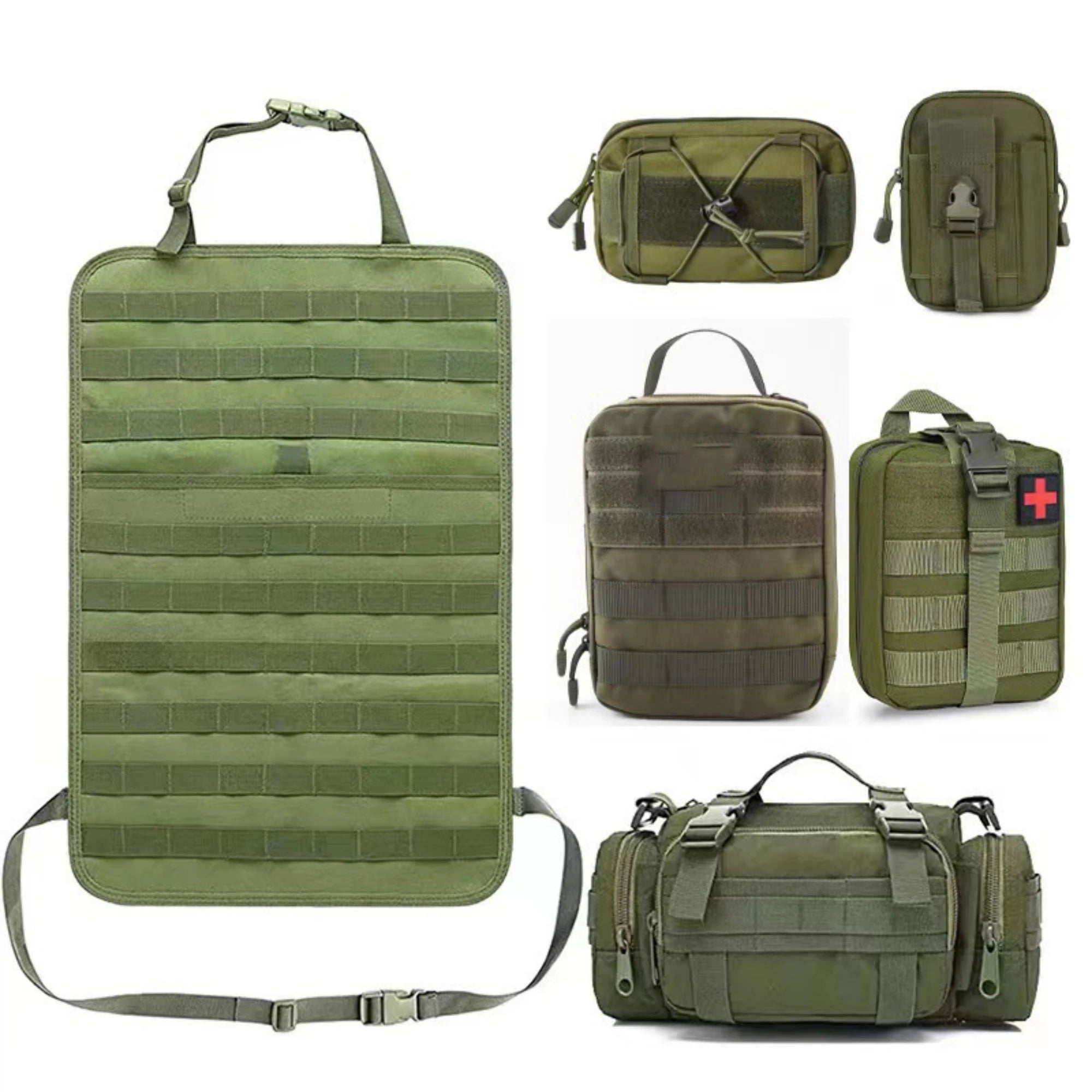 Car Backseat Organizer – Hanging Tactical Storage Bag Set of green tactical bags and panels on a white background