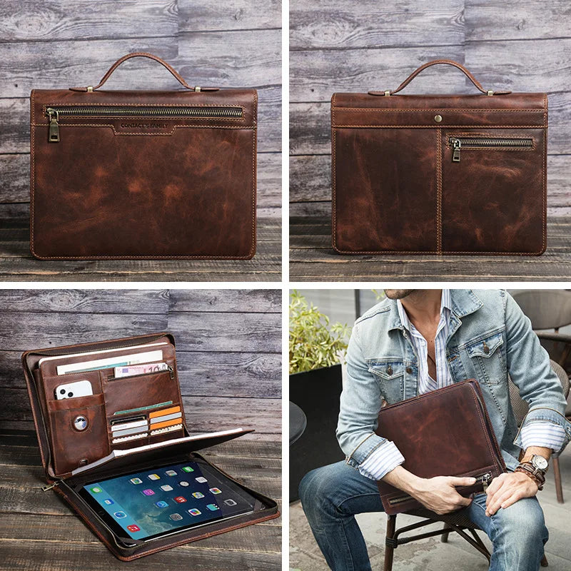 Leather Portfolio Organizer for MacBook & iPad – Travel Document Bag Brown leather briefcase shown from multiple angles with a person holding it.