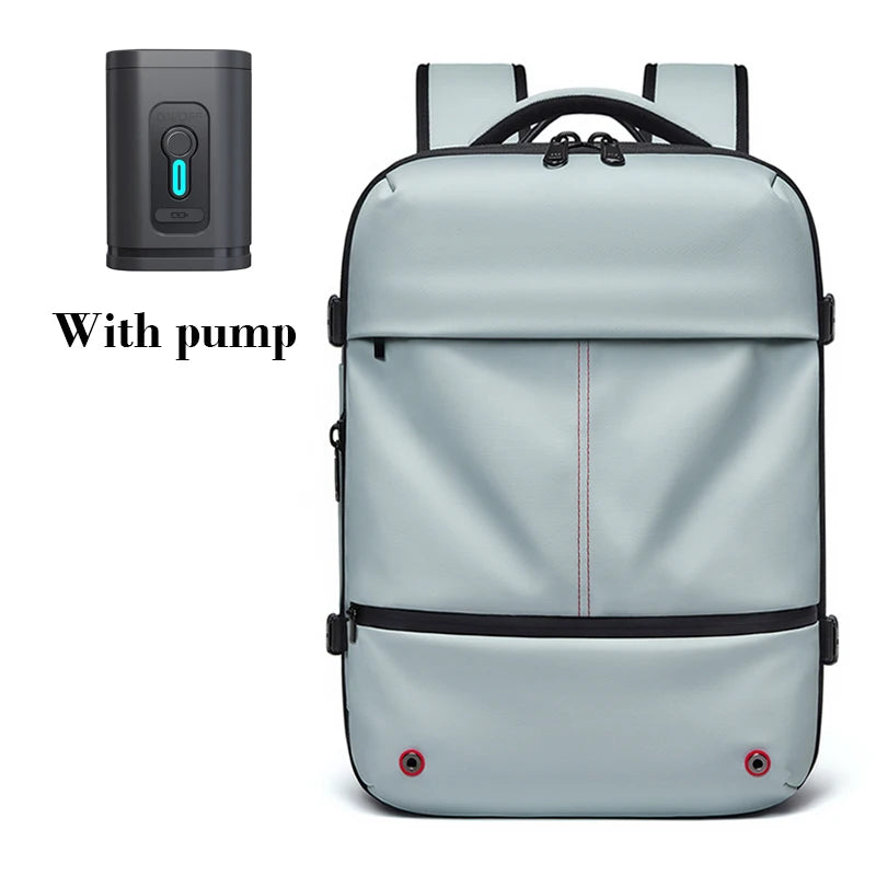 Vacuum Compression Laptop Backpack – USB Charging Travel & Hiking Light gray backpack with pump attachment on a white background