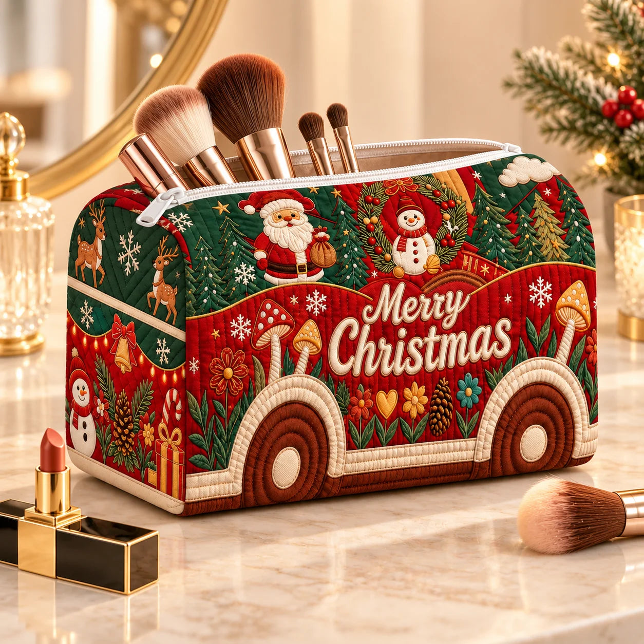 Christmas Quilted Cosmetic Bag – Santa Travel Makeup Pouch Christmas Quilted Cosmetic Bag – Santa Travel Makeup Pouch