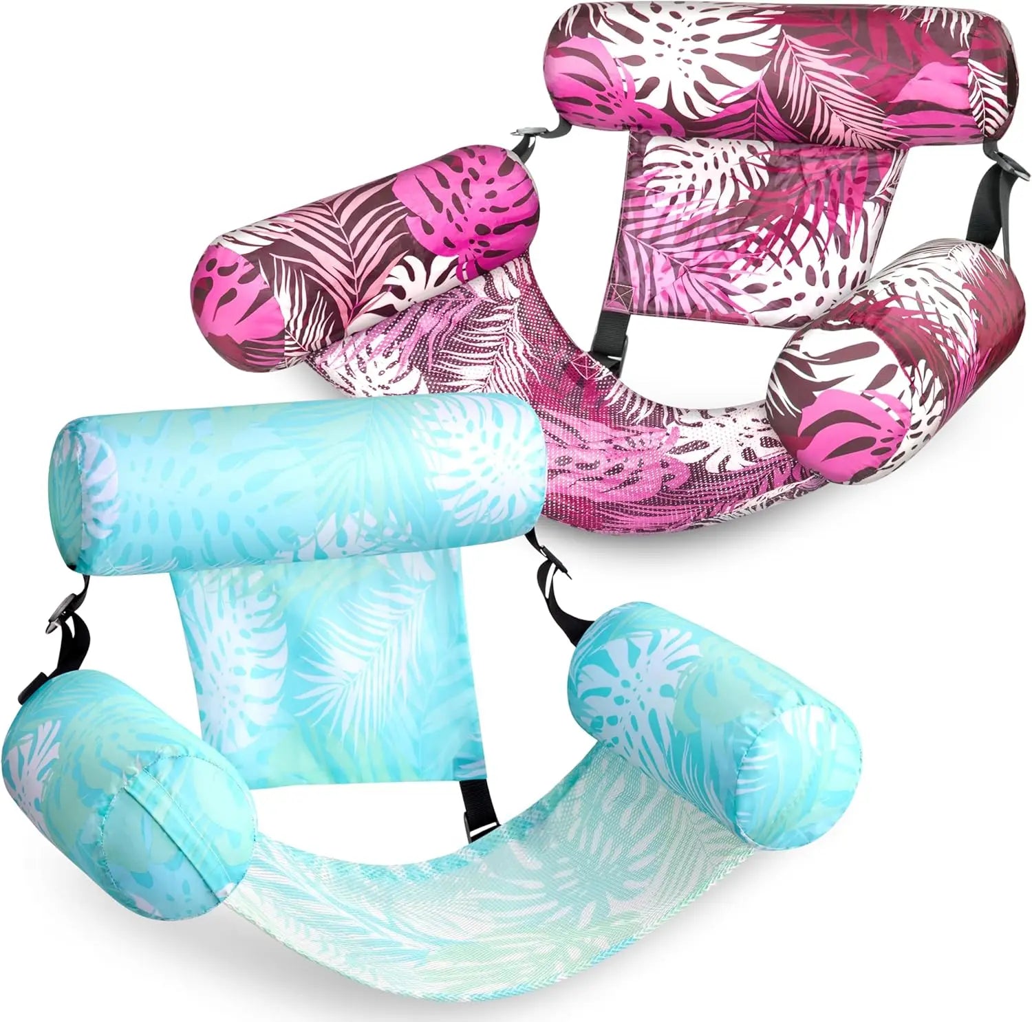 Inflatable Pool Chair – Leaf Floating Lounger for Pool & Beach Two inflatable seat cushions with floral patterns on a white background