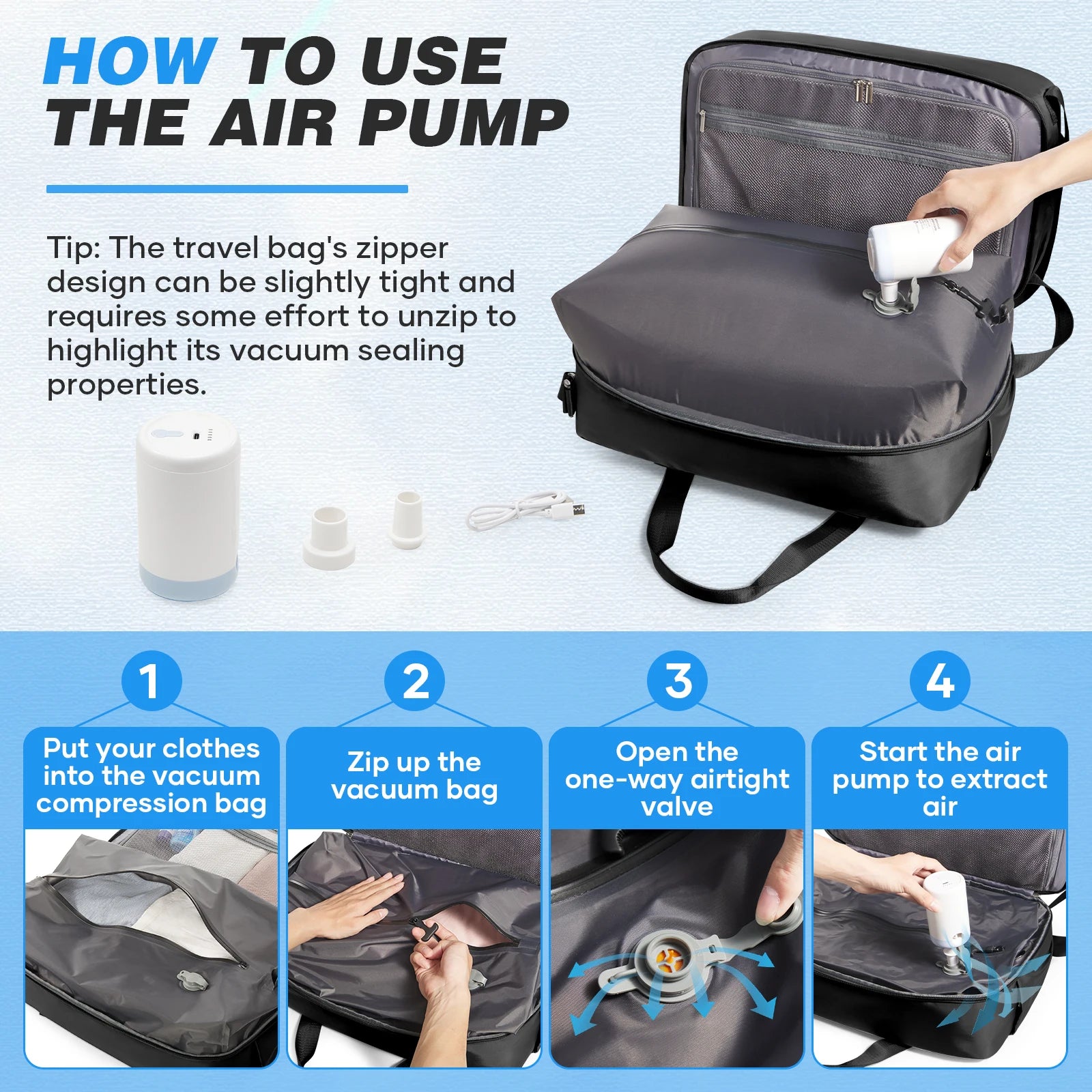 Vacuum Compression Cabin Bag with Pump – Large Capacity Travel Bag Instructions on how to use an air pump for a vacuum compression bag with a clear visual guide.