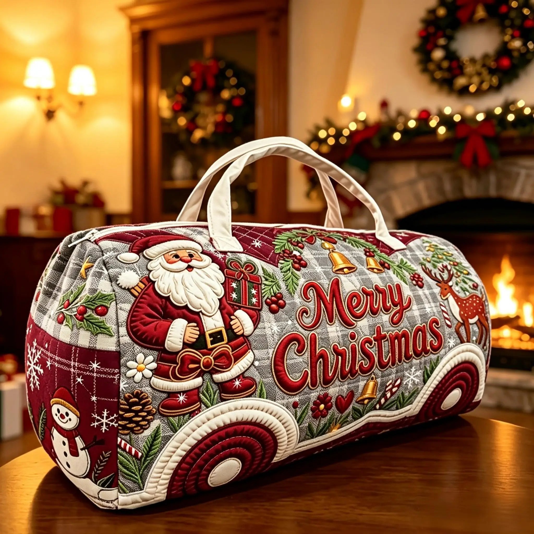Christmas Bus Novelty Tote Bag – Snowflake Print Travel Handbag A festive Christmas-themed duffel bag with embroidered Santa Claus, reindeer, snowman, pinecones, and 'Merry Christmas' lettering, displayed on a wooden table in a warmly lit holiday living room.