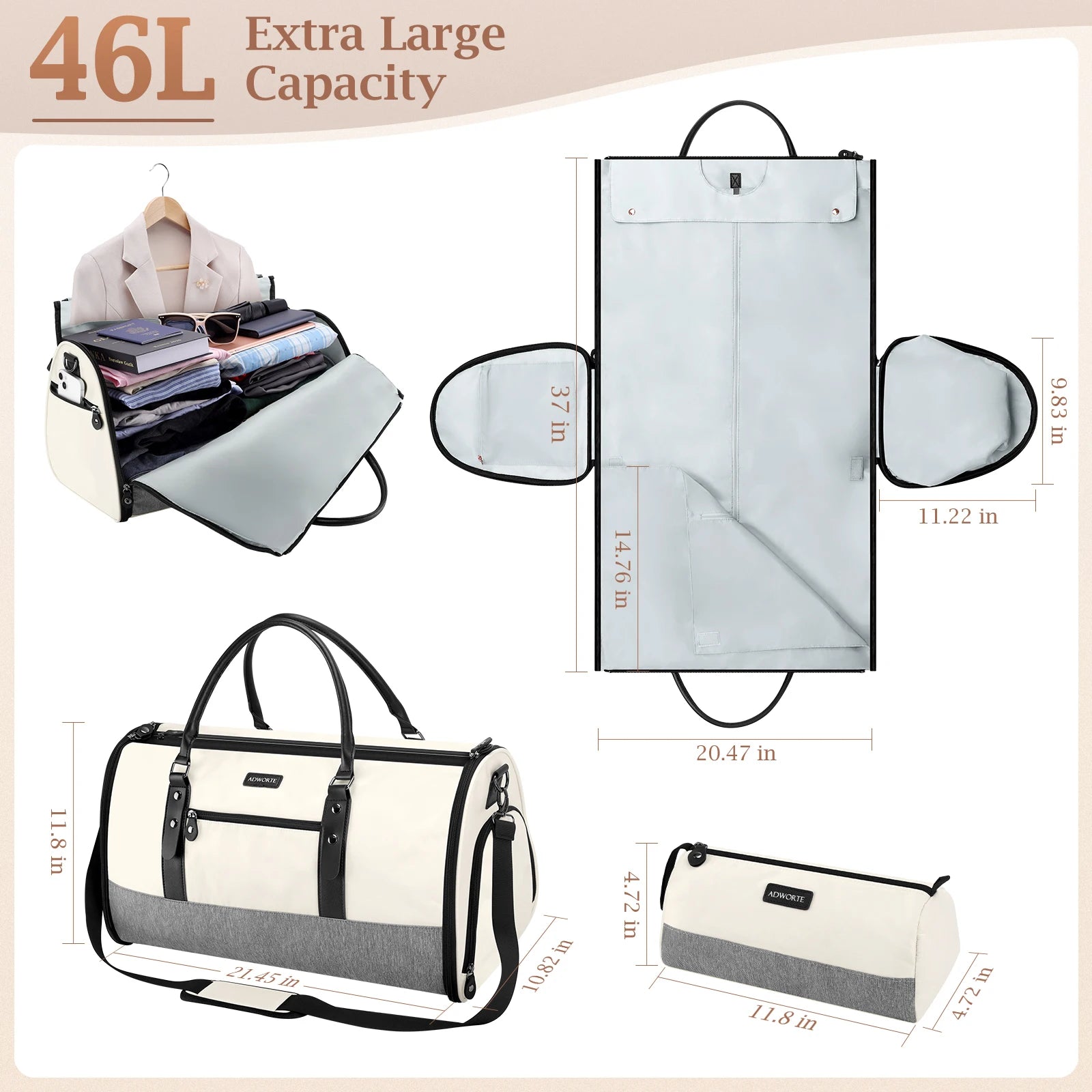 Convertible Garment Duffel Bag with Shoe & Toiletry Compartments White and gray duffel bag with dimensions and capacity details on a beige background