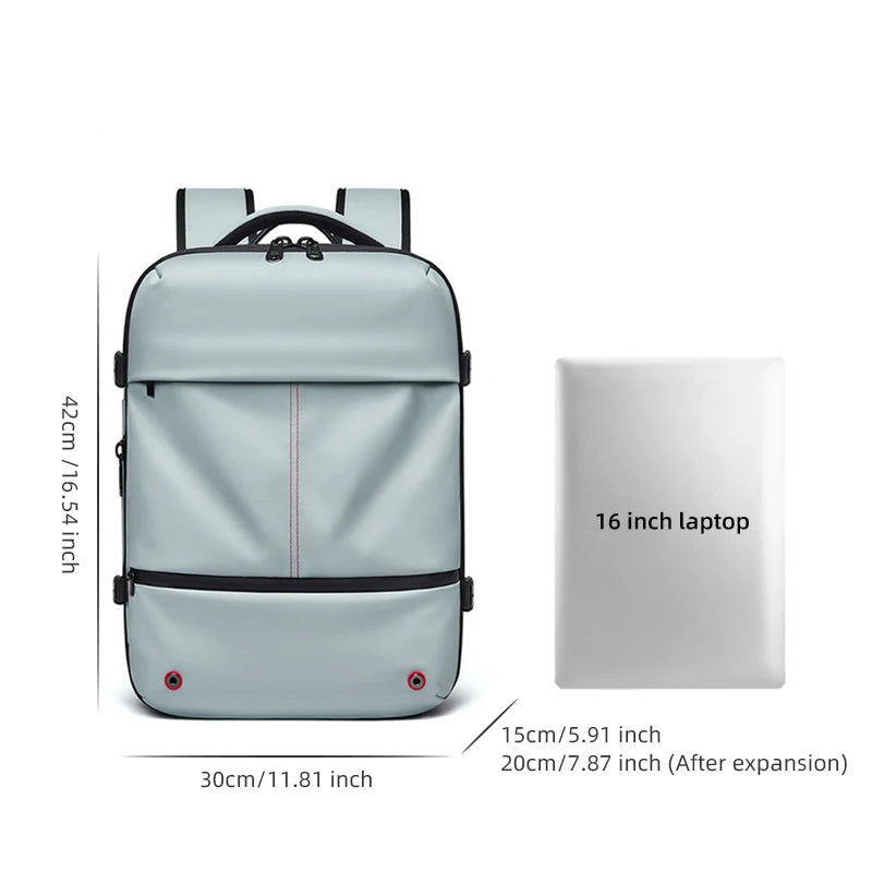 Vacuum Compression Laptop Backpack – USB Charging Travel & Hiking Blue backpack with dimensions and a 16-inch laptop size reference on a white background