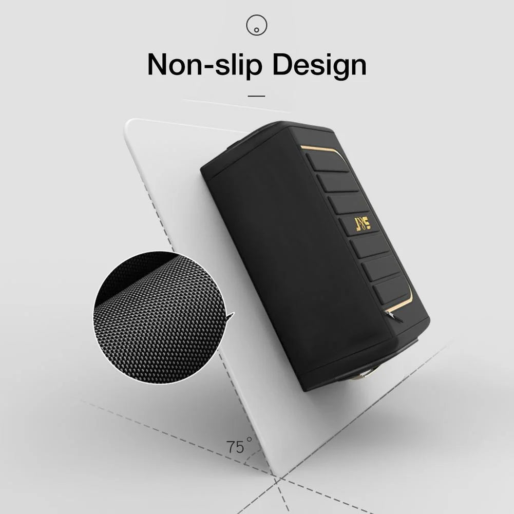 Car Trunk Organizer – Foldable Oxford Cloth Storage Bag A black portable speaker with gold accent lines and a gold 'JIE' logo, shown at an angle on a white display stand with a circular inset of its textured mesh grille. The image includes the text 'Non-slip Design' at the top.