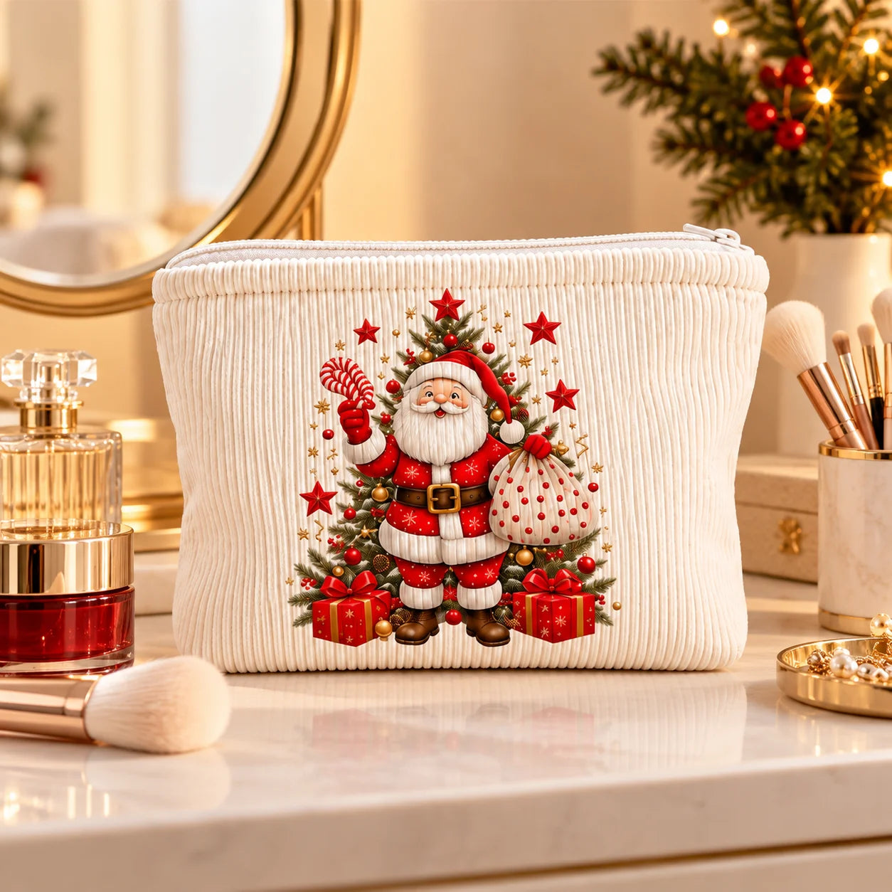 Christmas Corduroy Cosmetic Bag – Santa & Reindeer Travel Pouch A ribbed cream makeup pouch featuring a festive Christmas design of Santa Claus, a decorated tree, gifts, and stars, displayed on a marble vanity counter with cosmetic props.