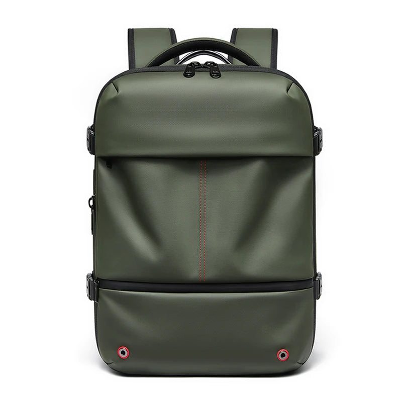 Vacuum Compression Laptop Backpack – USB Charging Travel & Hiking An olive green backpack with black trim and a subtle red vertical accent line on the front pocket, shown against a plain white background.