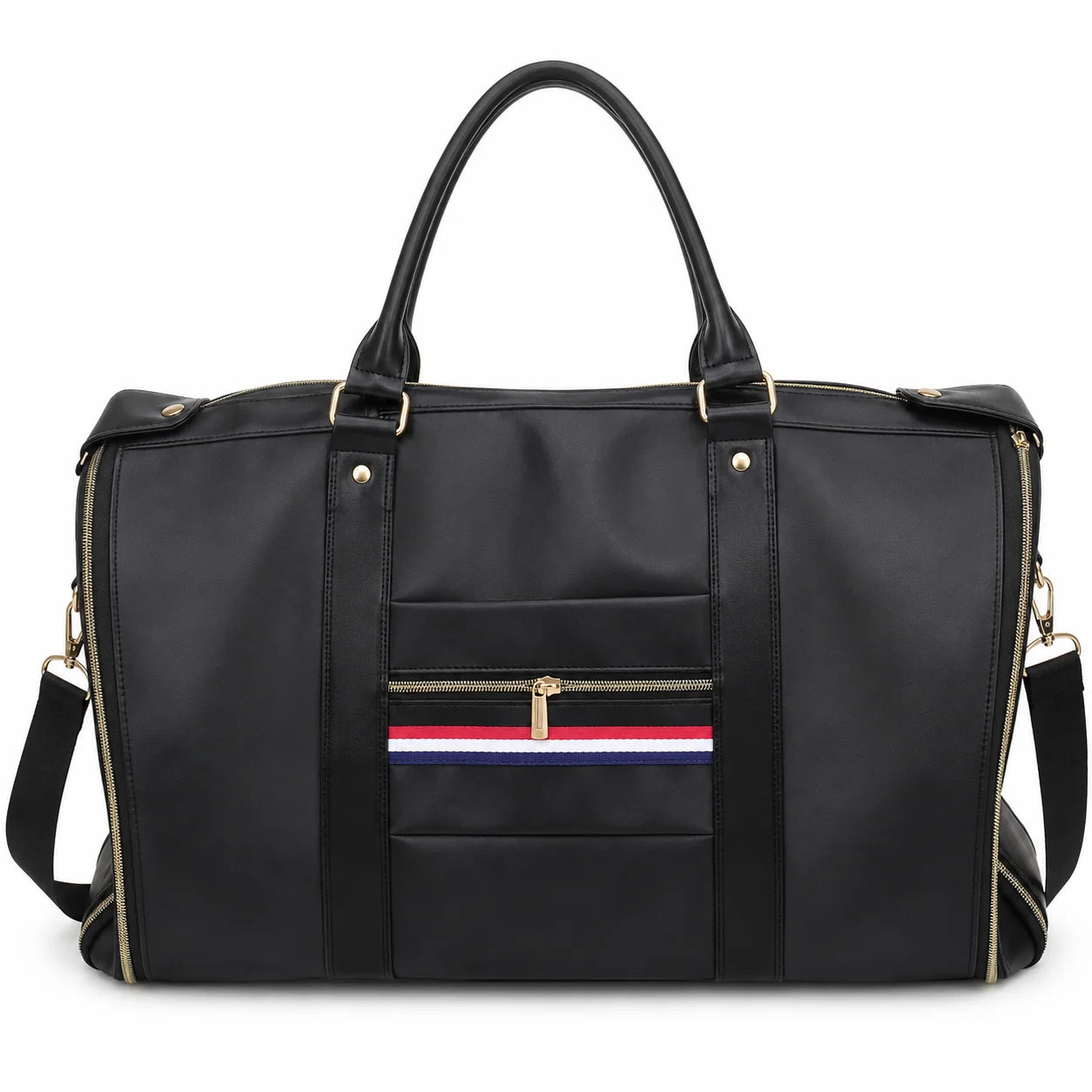 Premium Garment Duffel Bag with Shoe Compartment Black travel bag with a striped pocket on a white background
