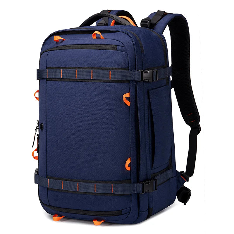 Expandable Travel Backpack – Large Capacity Laptop & Carry-On Bag A navy blue multi-compartment backpack with black straps and bright orange accents, shown on a plain white background.