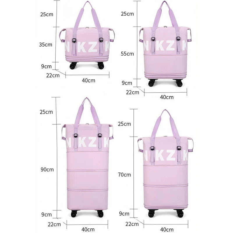 Large Capacity Foldable Travel Bag with Wheels A light pink rolling cosmetic bag shown in four size variants with dimension labels and measurements on a white background.