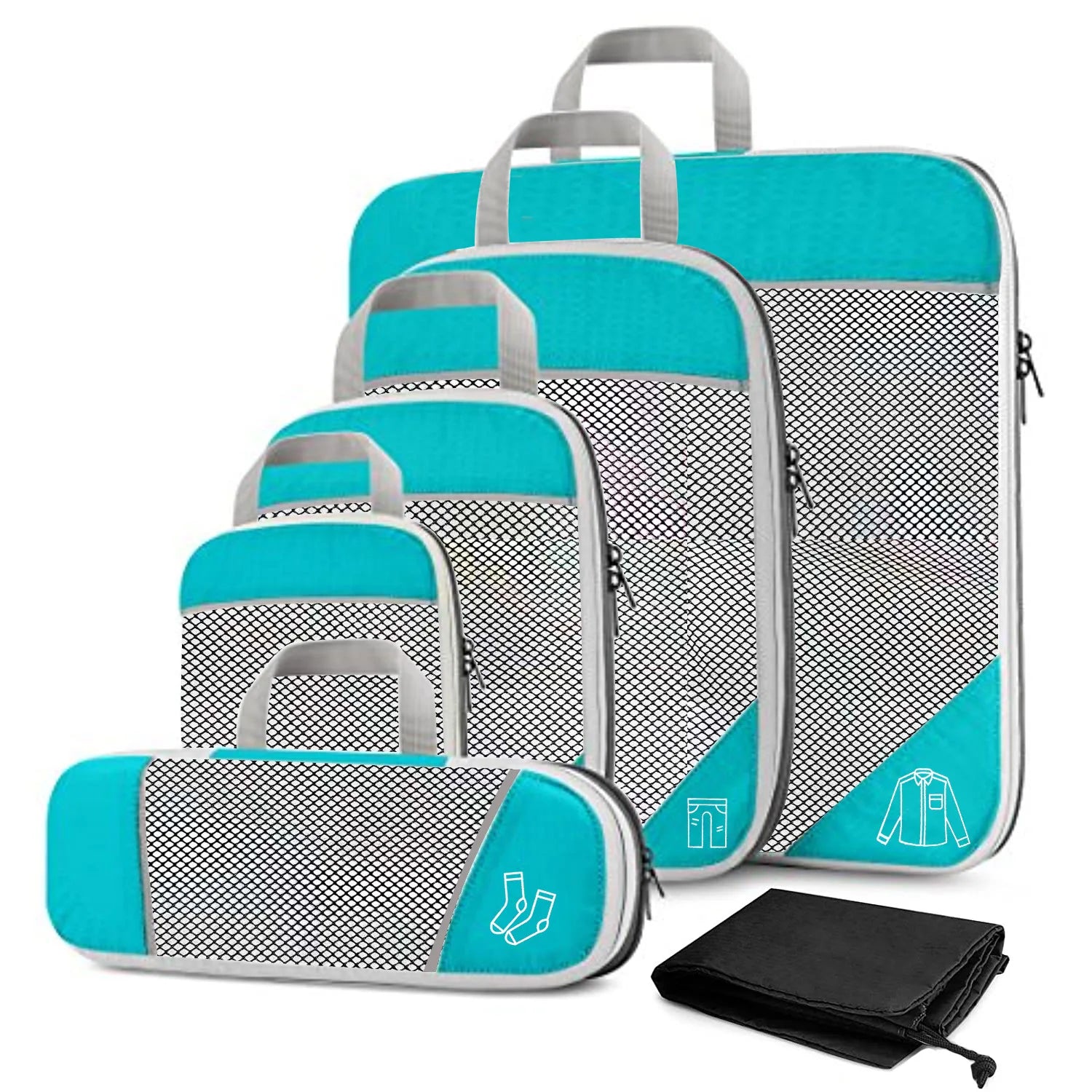 Compression Packing Cubes Set with Shoe Bag – Travel Luggage Organizers Set of turquoise and gray packing cubes with icons on a white background