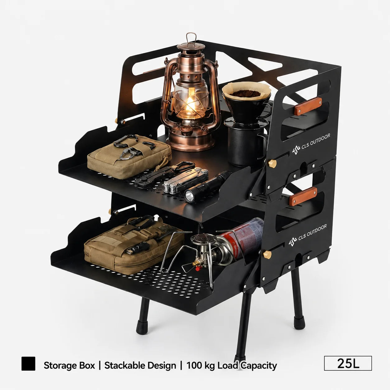 25L Camping Storage Box – Folding Table & Car Trunk Organizer A black outdoor storage box with two shelves, shown holding camping gear including a lantern, coffee maker, pouches, and a stove. The product is photographed on a clean white background with text at the bottom describing its features.