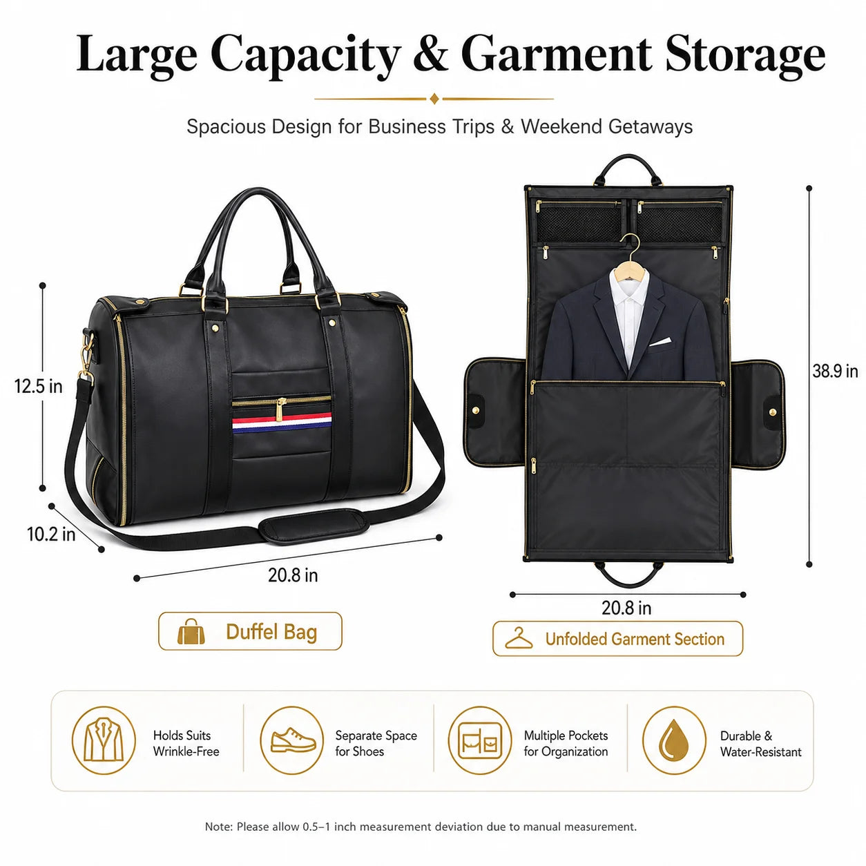 Premium Garment Duffel Bag with Shoe Compartment Black duffel bag with garment storage capacity shown with dimension labels and feature icons on a white background.