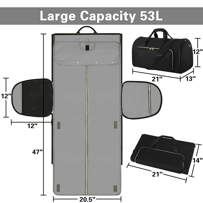 Foldable Travel Duffel Bag – Large Capacity Expandable Luggage Bag Gray garment bag with dimensions and black duffel bag for comparison on a white background