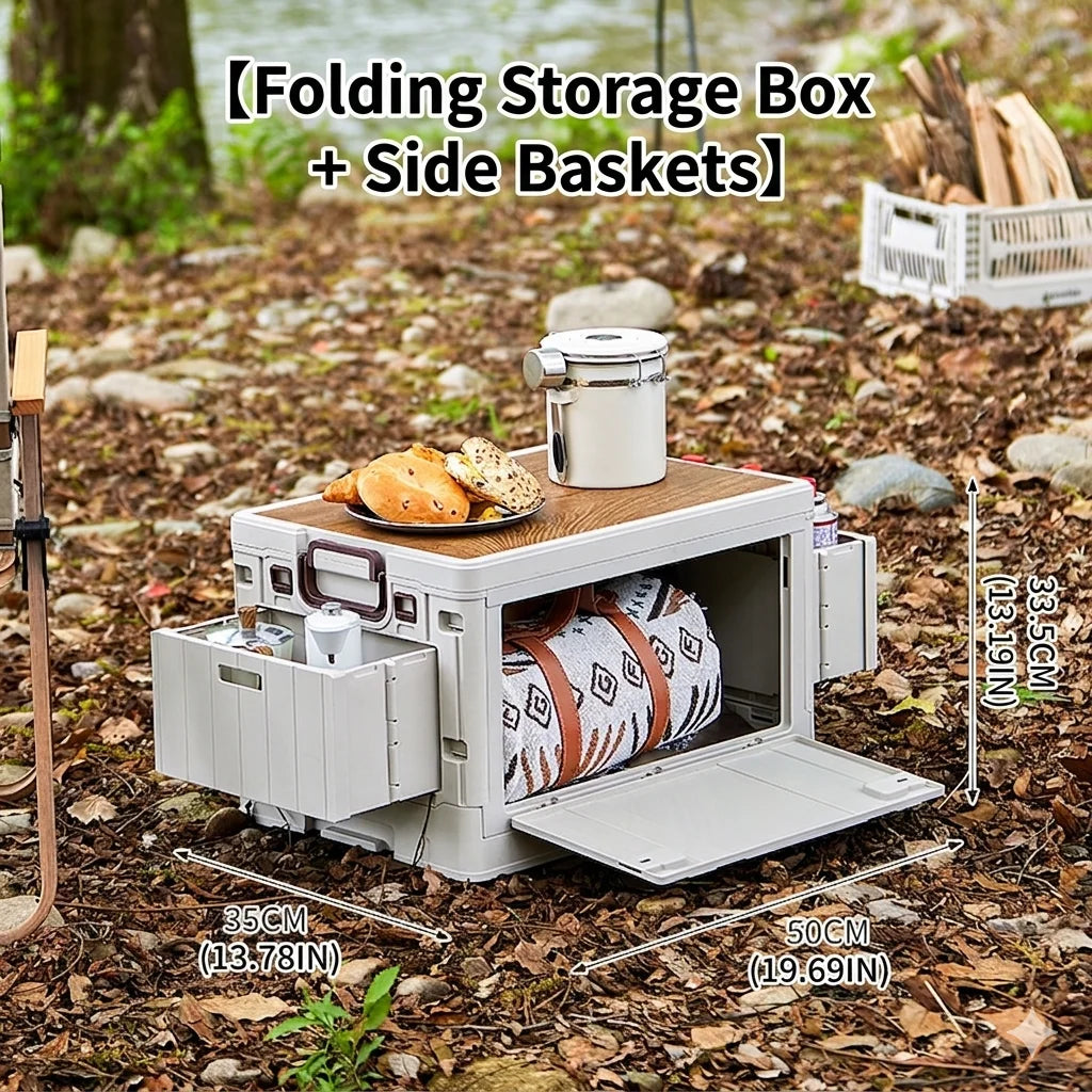 Folding Storage Box – Wooden Lid Camping & Trunk Organizer A folding outdoor storage box with side baskets shown on a forest floor, with food and a metal canister on top and a storage compartment open. Text overlays show dimensions and mention folding storage box + side baskets.