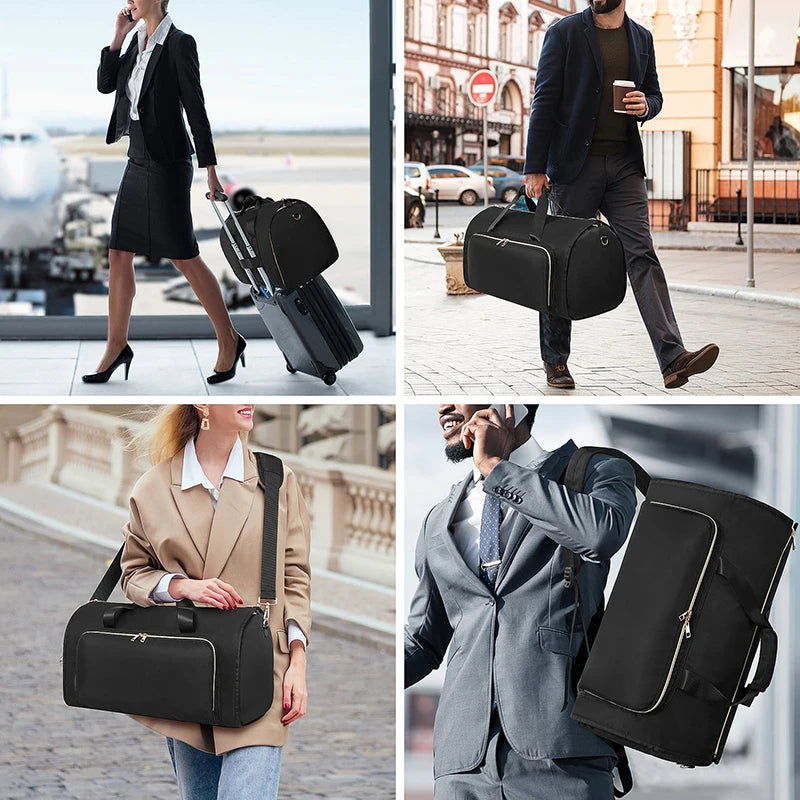 Foldable Travel Duffel Bag – Large Capacity Expandable Luggage Bag Collage of people carrying black suitcases in various settings