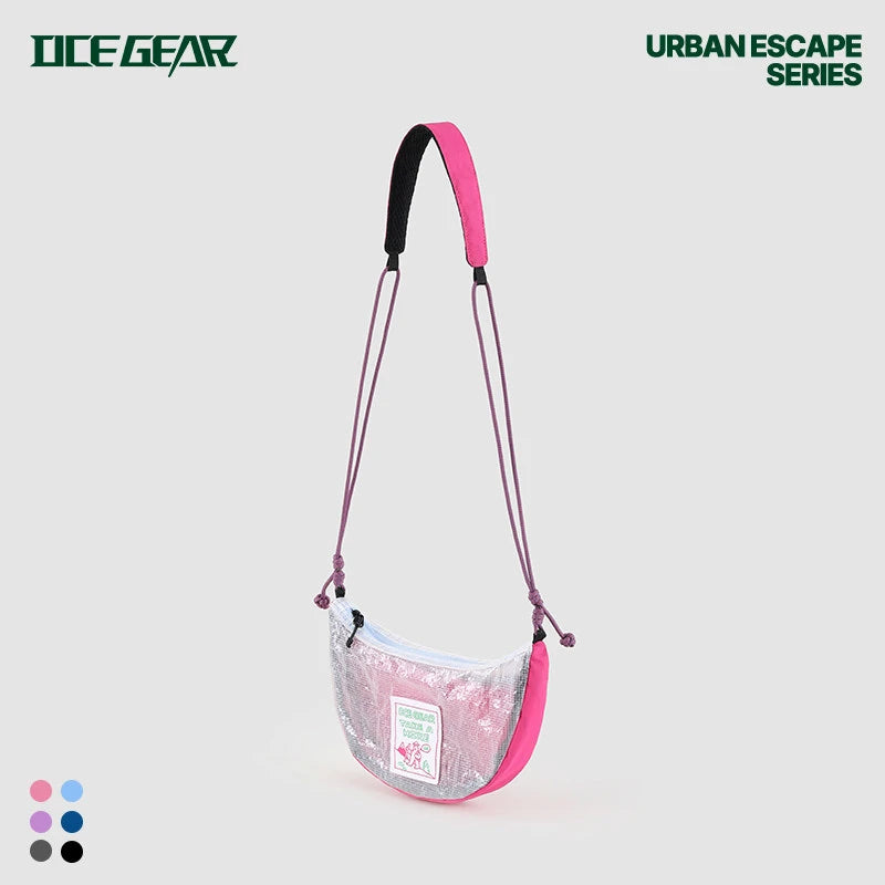 Ultralight Mesh Sling Bag – Waterproof Half Moon Crossbody Bag Small transparent bag with pink strap on a light gray background, featuring the 'Dice Gear' brand.